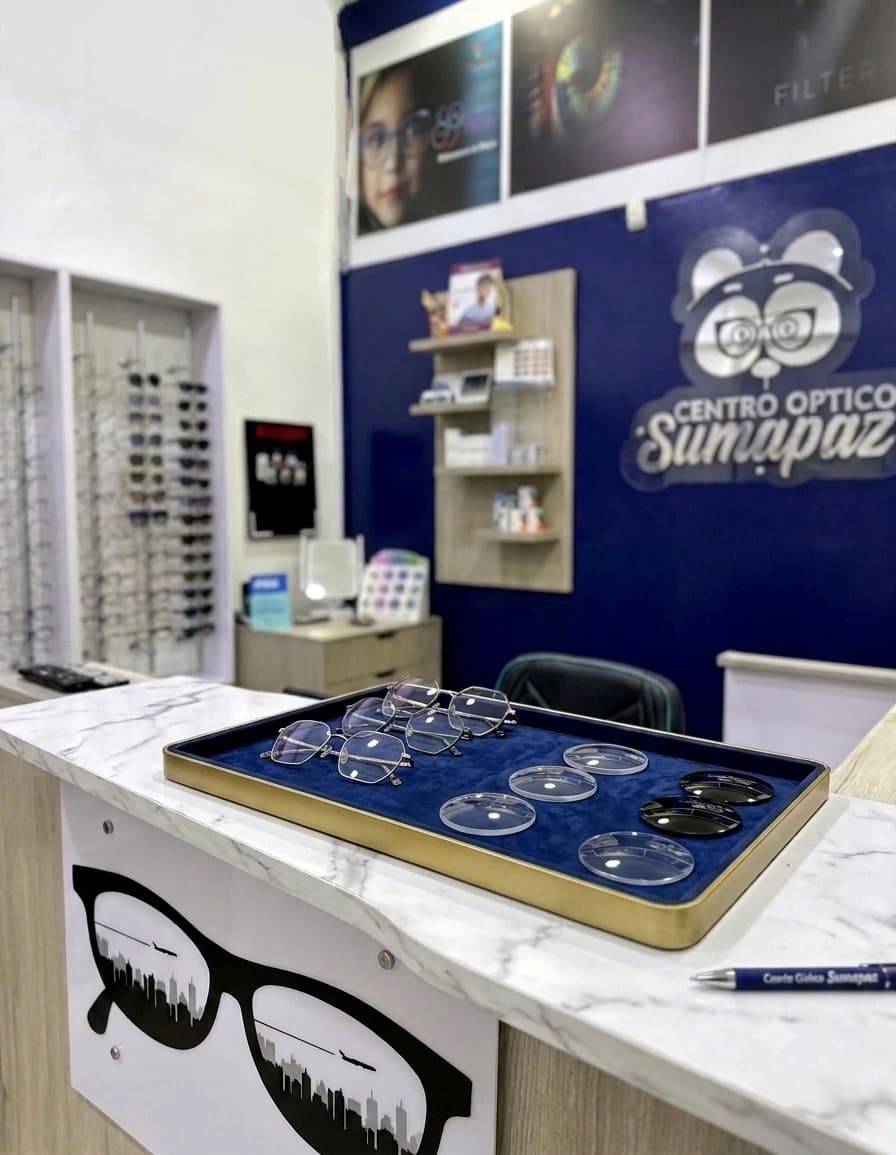 Detalle de cristales, filtros premium y monturas en mesa de asesoría.